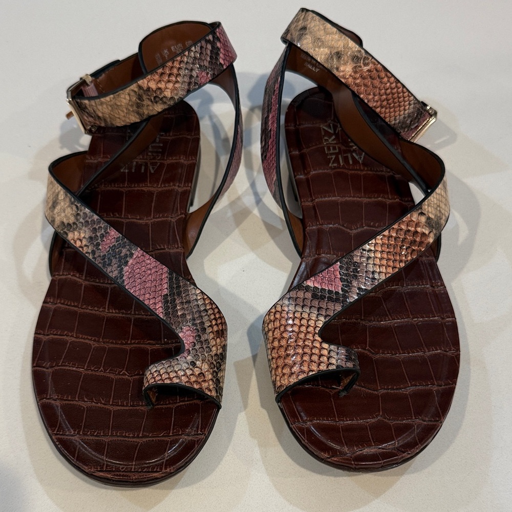 Naturalizer ankle strap flat sandal in a brown/mauve snakeskin-print leather